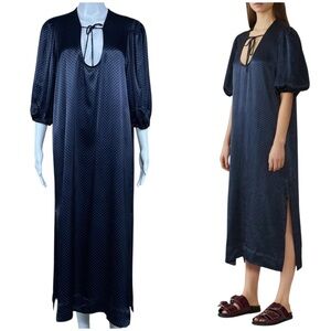 Ganni Polka Dot Printed Heavy Satin Midi Dress Sz 10 / 12 Slits Boho Lagenlook